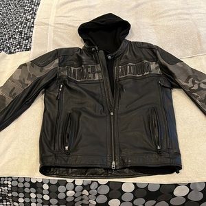 Grey and black camouflage leather Harley-Davidson motorcycle jacket with vest